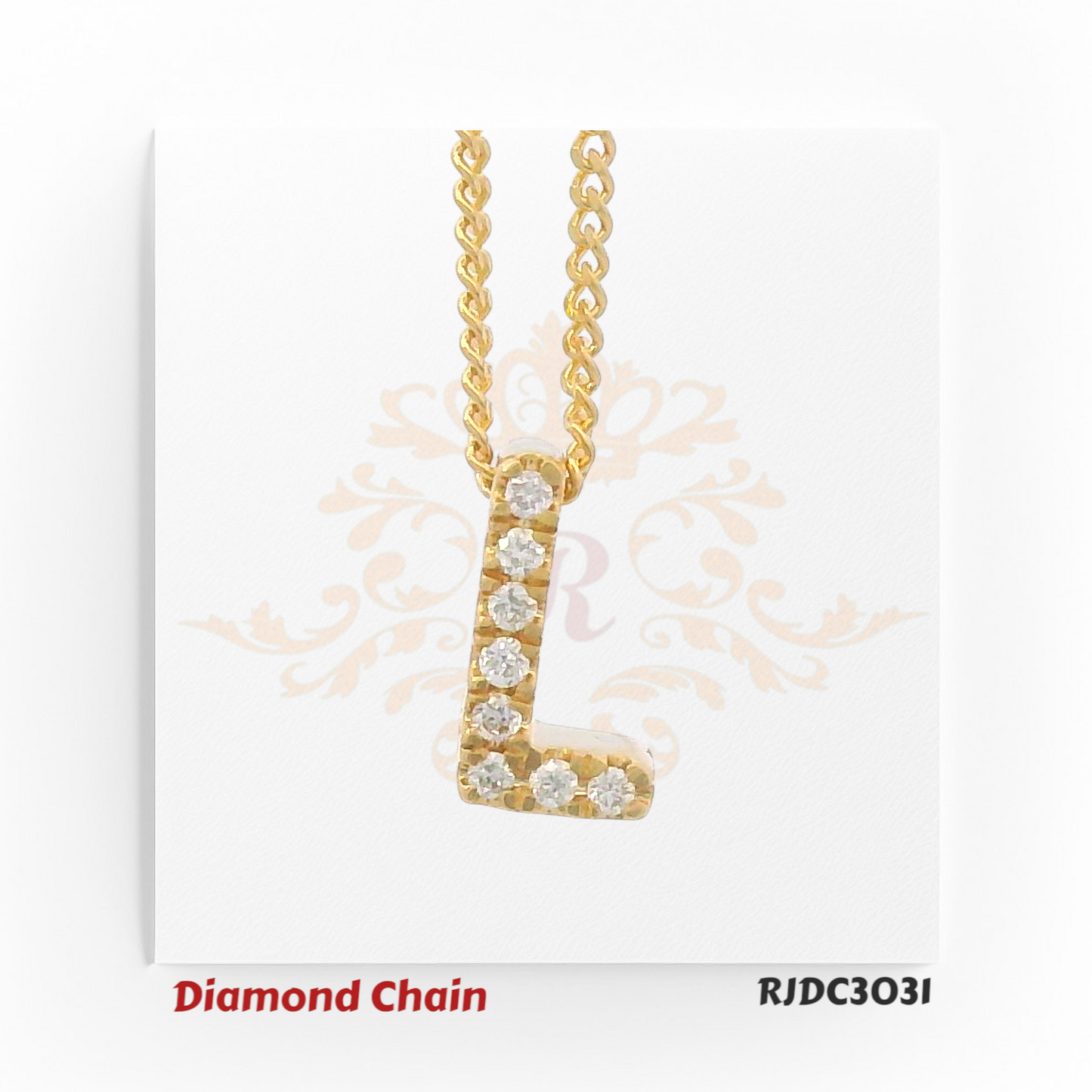 Delicate yellow gold diamond chain featuring a sleek "L" shaped pendant, accented with round-cut diamonds. The pendant hangs from a twisted gold chain and is set against a soft white background with an elegant crest design. Model number RJDC3031.
