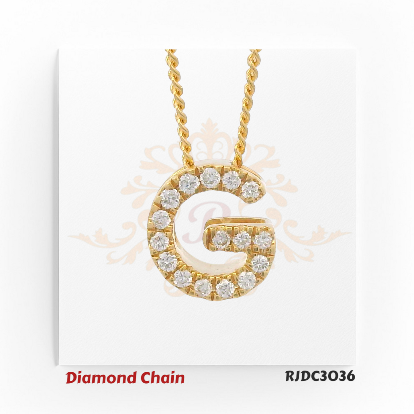 Luxurious yellow gold diamond chain featuring a pendant shaped like the letter "G", encrusted with sparkling round-cut diamonds. The pendant hangs from a classic rope-style gold chain, set against a soft white background with an elegant crown and floral watermark. Model number RJDC3036 is displayed at the bottom.