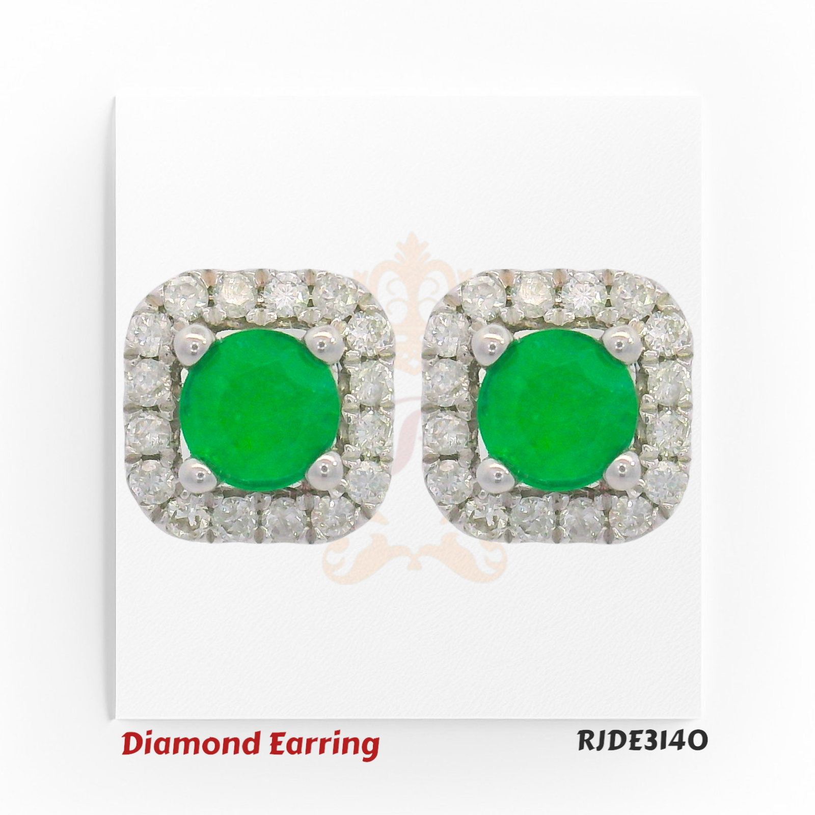 Square halo earrings with round emerald centers and surrounding diamonds in 18kt white gold – 0.20ct diamonds, Code RJDE3140