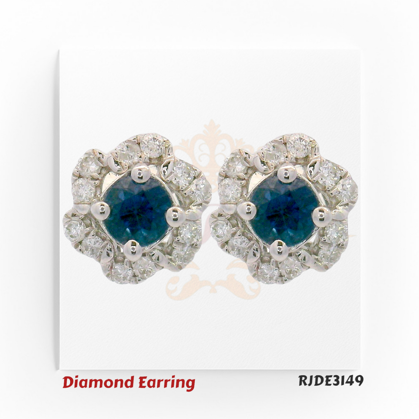 Pair of 18kt white gold floral earrings with round blue sapphire centers surrounded by sparkling diamonds totaling 0.160ct – Code RJDE3149