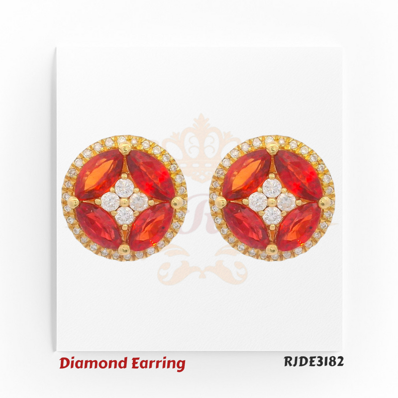 Vibrant red marquise and diamond stud earrings in round halo design set in 18kt yellow gold – 0.180ct diamonds, Code RJDE3182