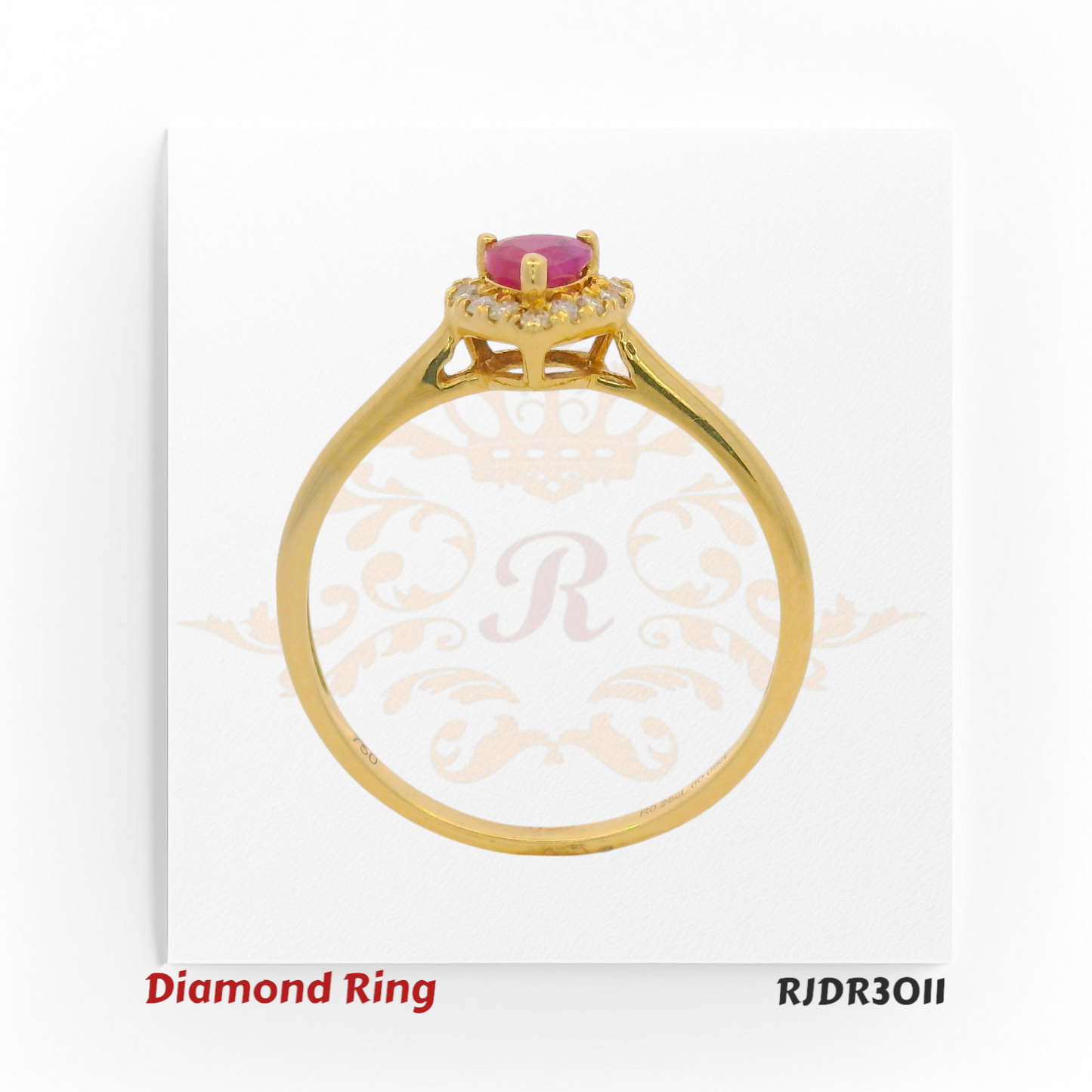 Romantic 18kt yellow gold ring showcasing a heart-shaped ruby encircled by a sparkling diamond halo – RJDR3011.