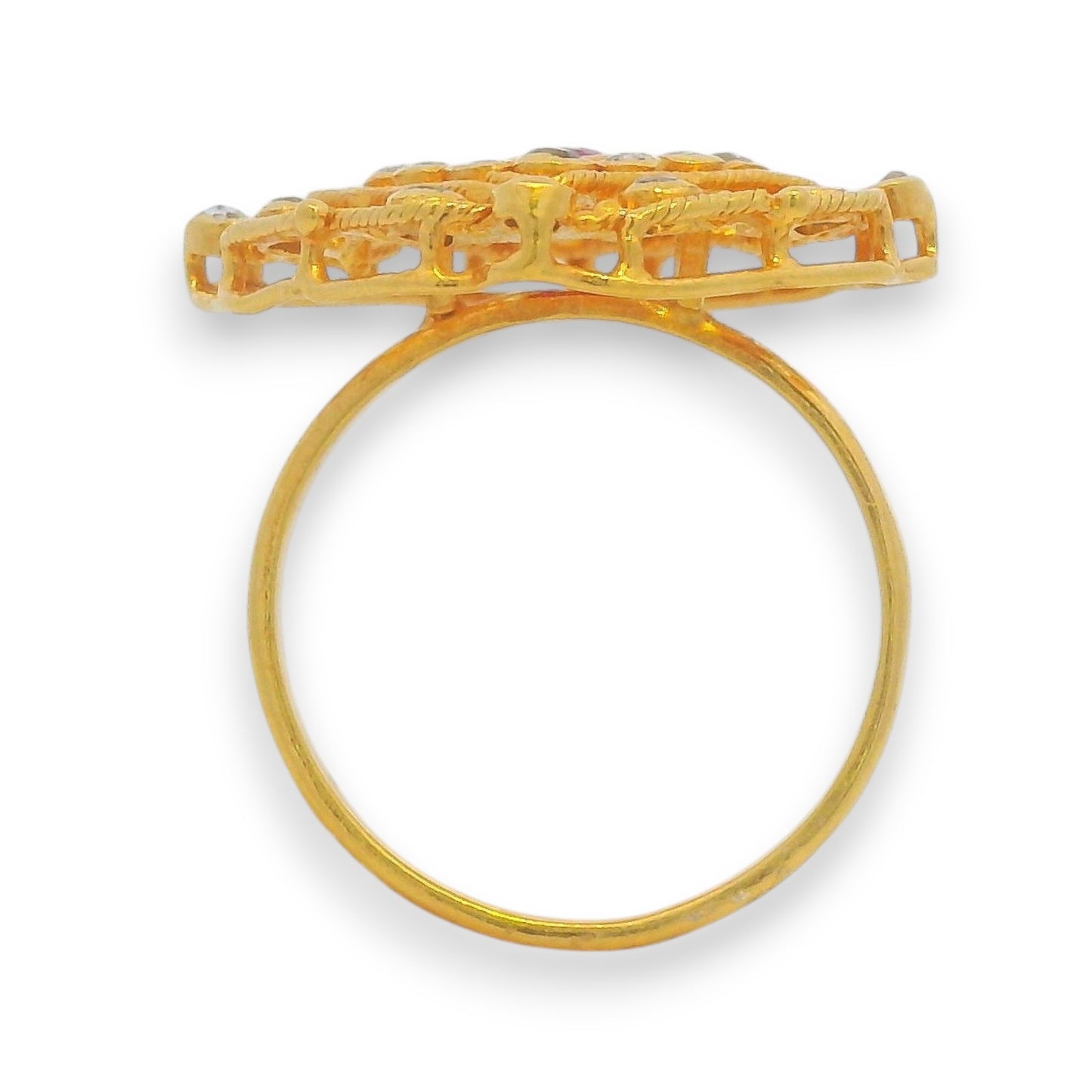 Profile view of handcrafted 22kt gold ring with ruby gemstone and uncut diamond setting – elegant women’s jewelry RJDR3220