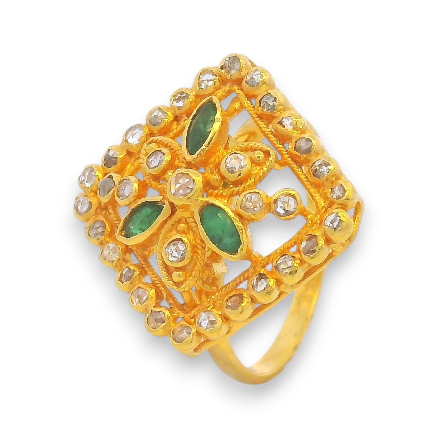22kt gold diamond ring with floral square design featuring green emerald and polki diamonds – Regal Jewels RJDR3224.