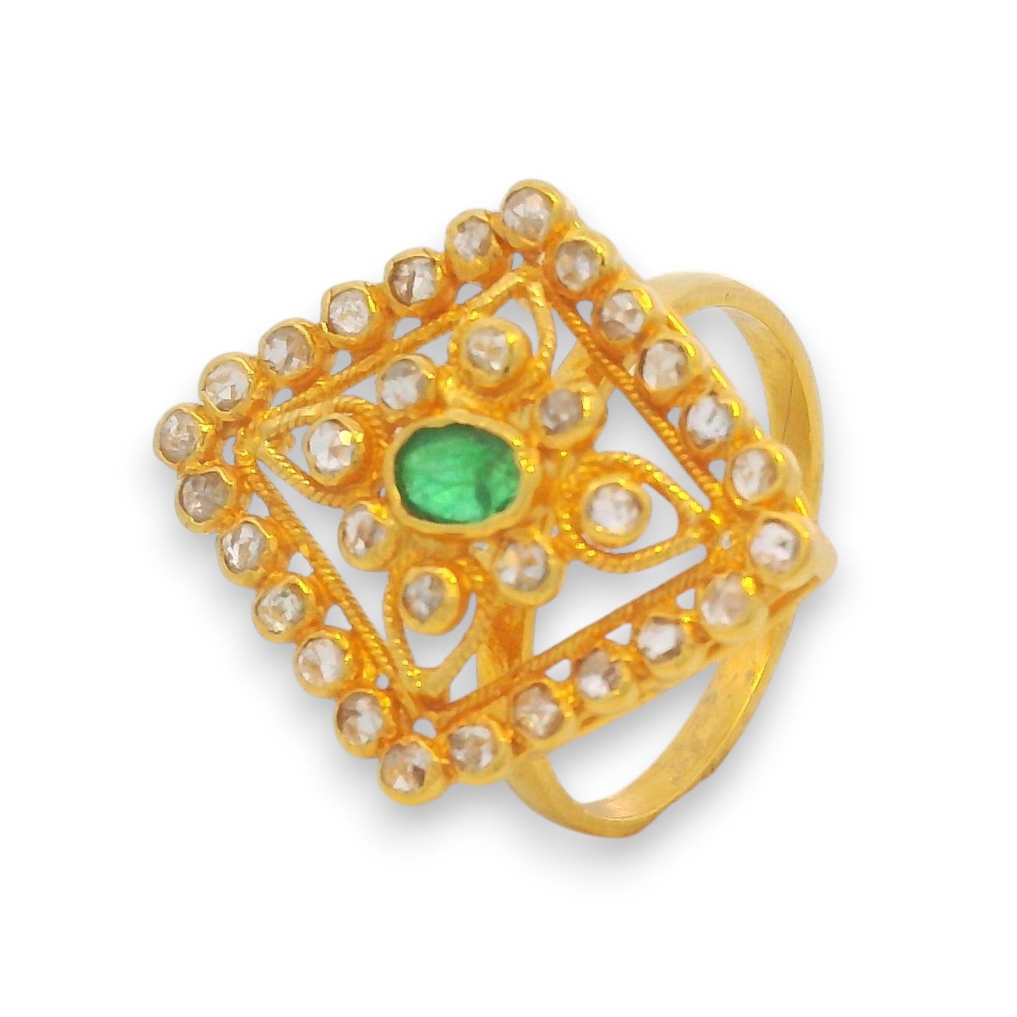 22kt gold diamond ring with emerald center stone and raw uncut diamonds in a square floral design – Regal Jewels model RJDR3230.
