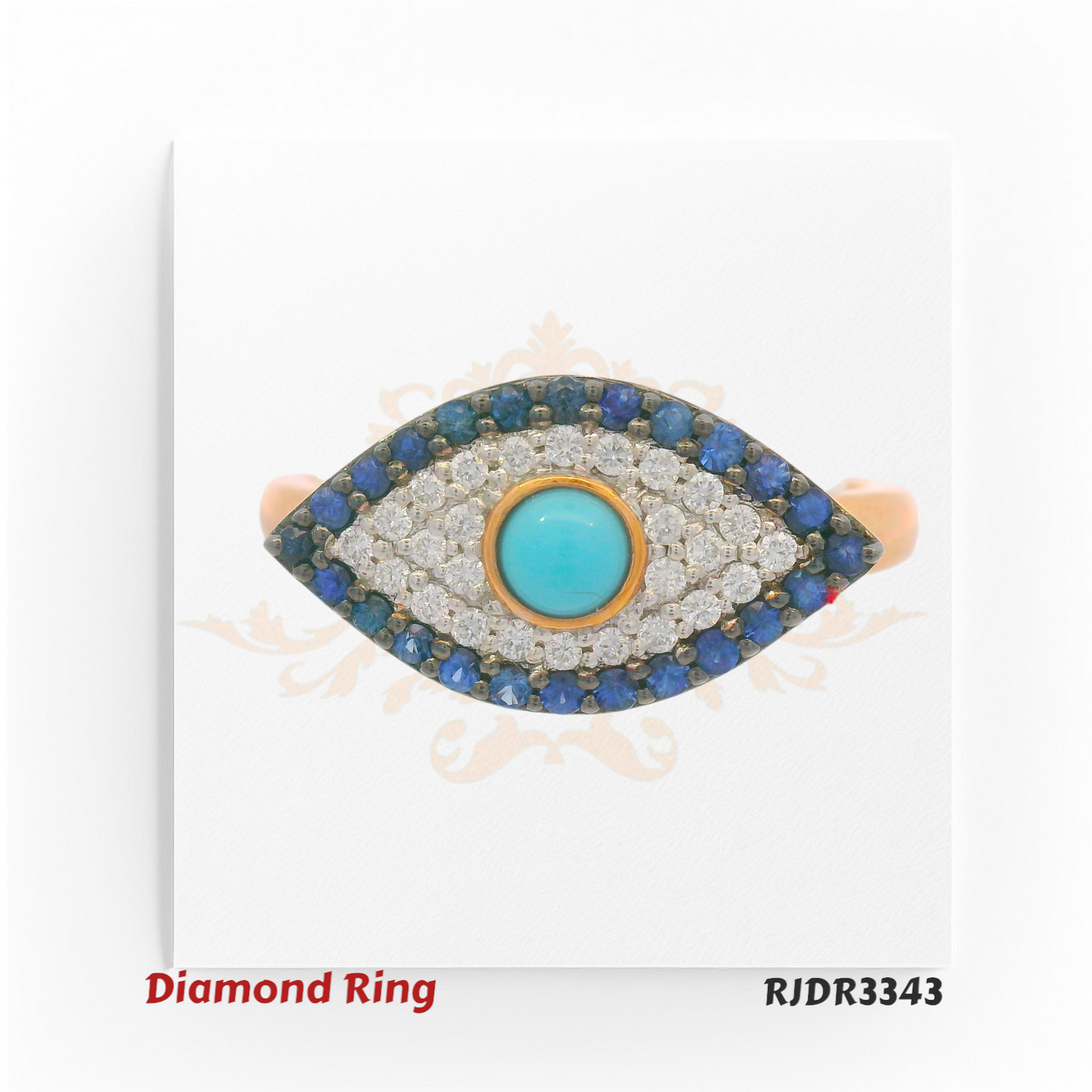 Striking 18kt gold ring in an Evil Eye design, showcasing a turquoise centerpiece framed by glittering diamonds and deep blue sapphires – RJDR3343.