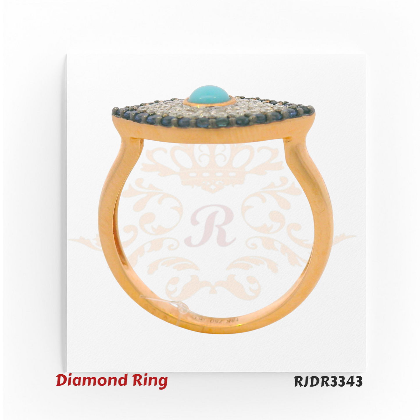 18kt gold evil eye ring featuring turquoise center stone, diamonds, and blue sapphire border – RJDR3343