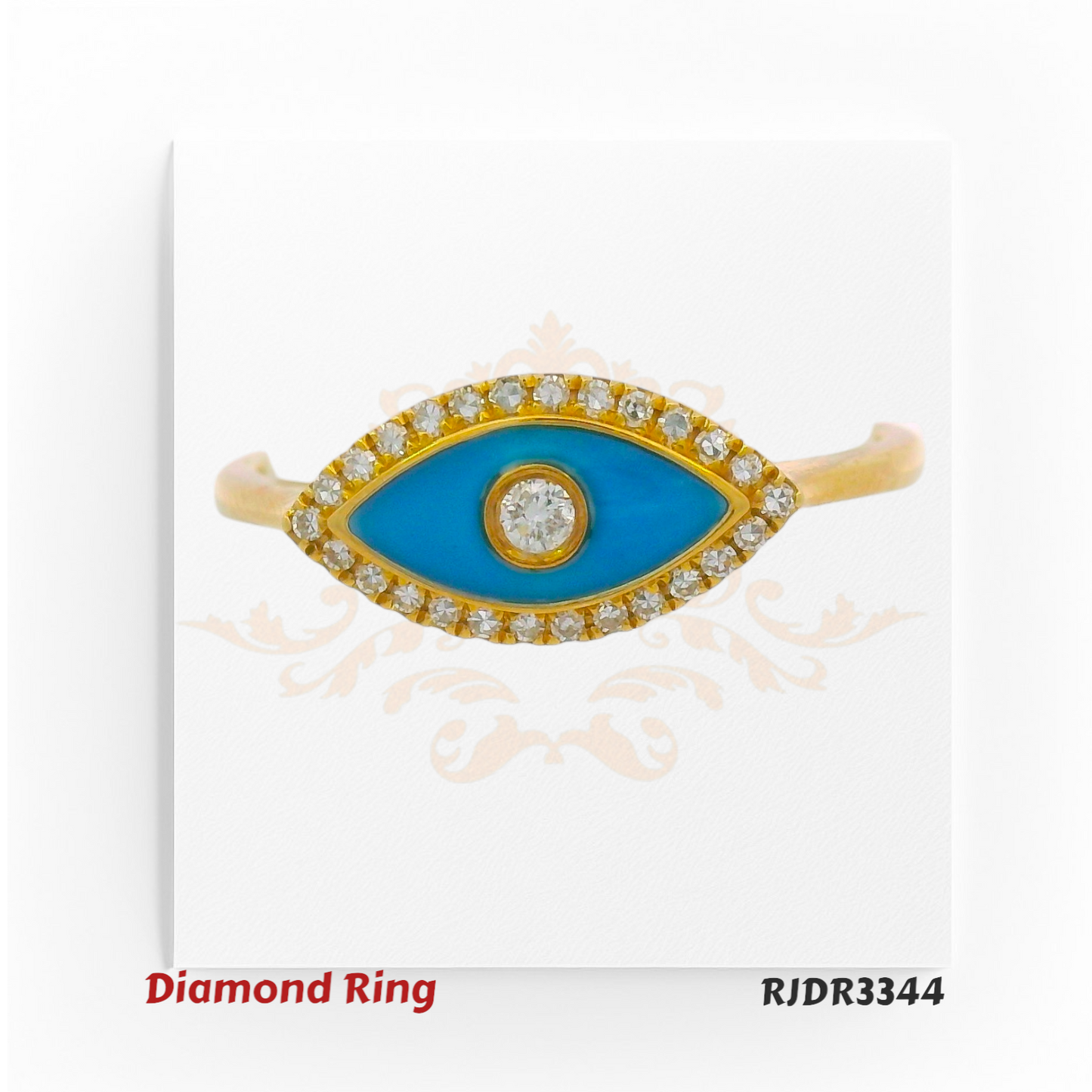 18kt gold Evil Eye ring adorned with vivid blue enamel and a sparkling round brilliant diamond at the center – RJDR3344.