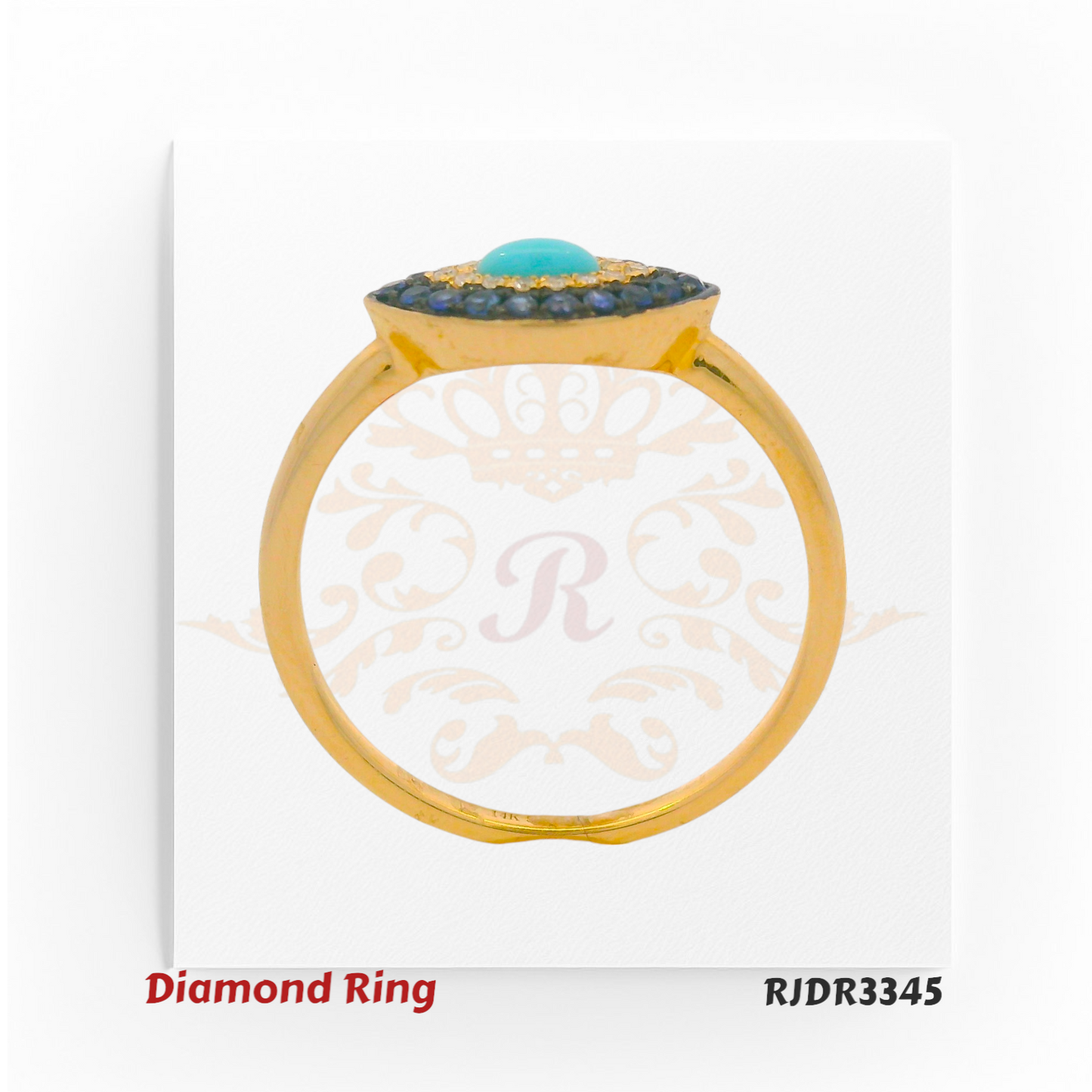 14kt gold Evil Eye ring with a turquoise center, surrounded by a layer of VS diamonds and deep blue sapphires. Product code RJDR3345, weight 1.72 grams, diamond weight 0.04 cts, sapphire 0.16 cts, turquoise 0.06 cts, size 6.75.