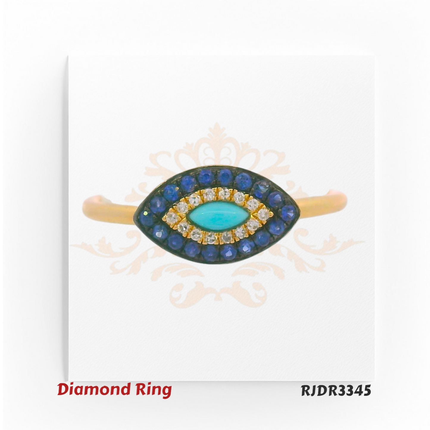 Striking 14kt gold ring in an Evil Eye design, showcasing a turquoise centerpiece framed by sparkling VS diamonds and deep blue sapphires. Total weight 1.72 grams, diamond weight 0.04 cts, sapphire 0.16 cts, turquoise 0.06 cts, size 6.75 – RJDR3345.