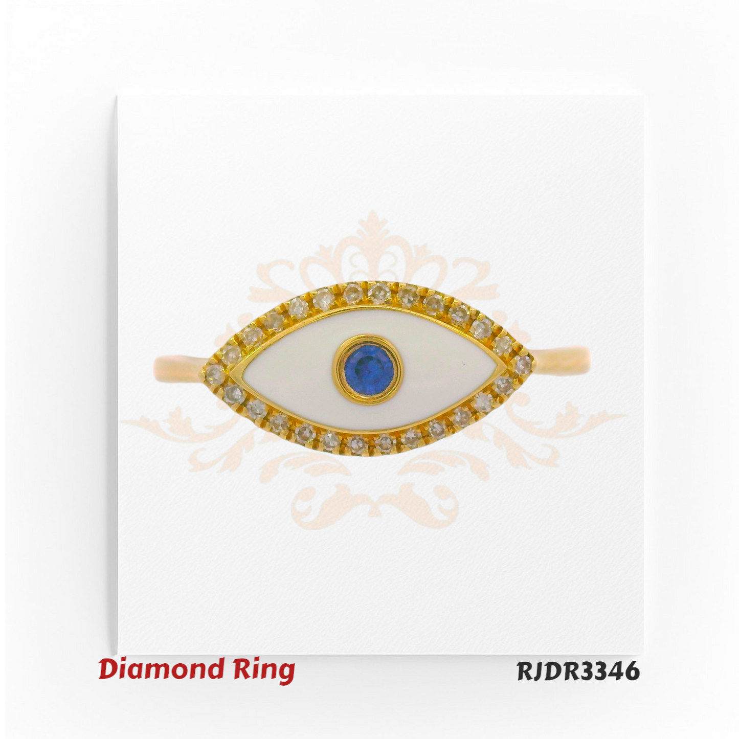 Elegant 14kt gold ring in an Evil Eye motif, featuring white enamel, a vivid blue sapphire center, and a halo of glittering diamonds. Total weight 2.21 grams, diamonds 0.07 cts, sapphire 0.04 cts, size 6.75 – RJDR3346.