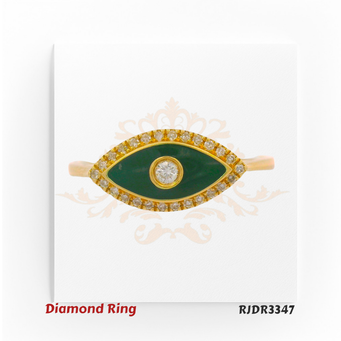 Elegant 14kt gold ring shaped like the evil eye, adorned with rich green enamel, a sparkling round brilliant center diamond, and a halo of white diamonds. Total weight 2.21 grams, diamond weight 1.10 cts, size 6.75 – RJDR3347.