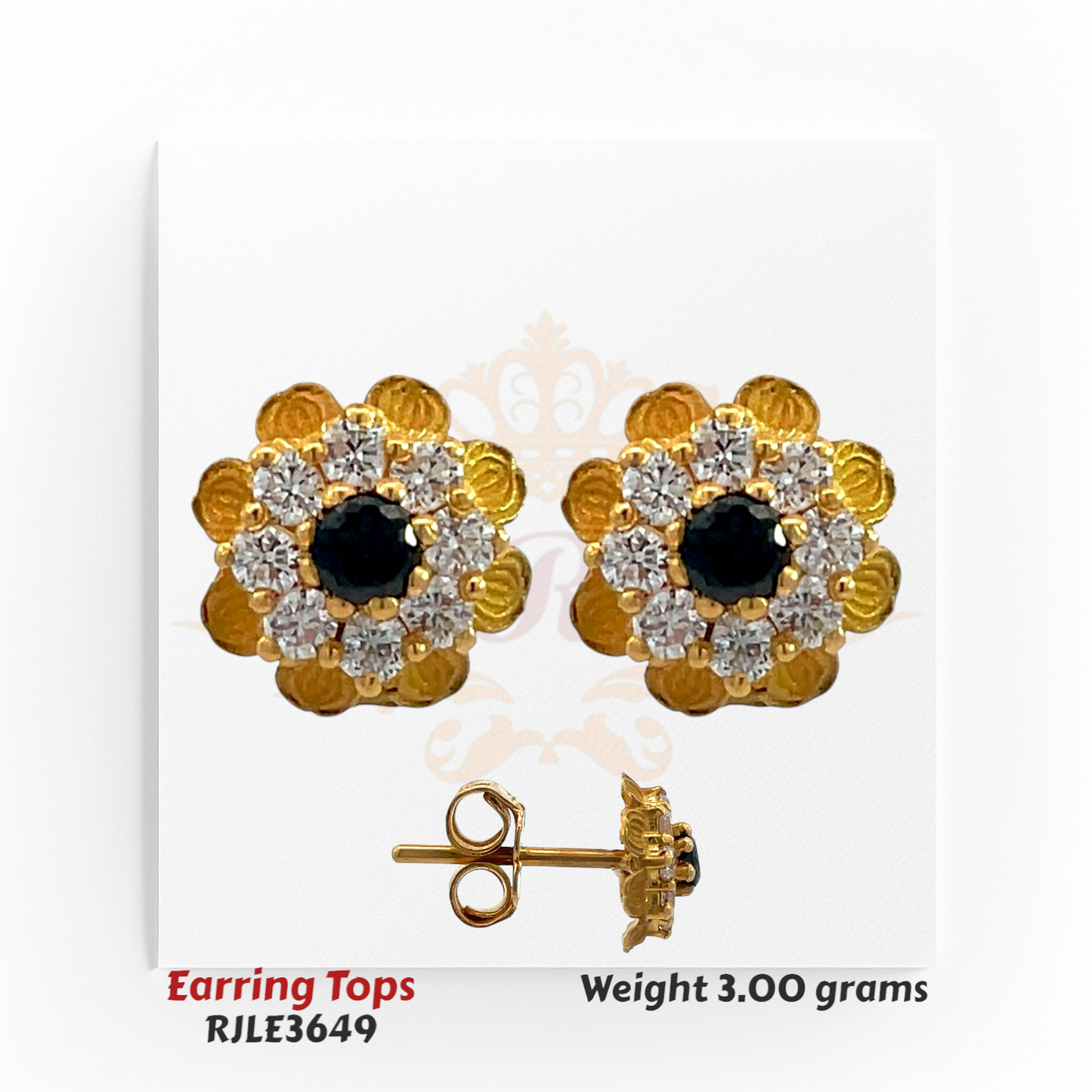 22kt gold earring tops designed as floral clusters with a black center stone surrounded by sparkling white accents and petal-inspired gold etching, product code RJLE3649, weight 3.00 grams.