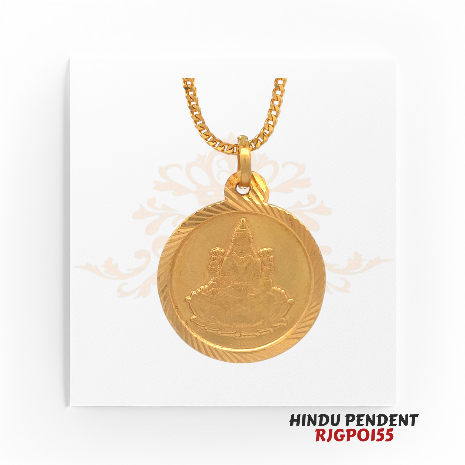 22kt Gold Hindu Pendant RJGPO155 – A 2.8-gram, 1.00-inch round pendant featuring Goddess Lakshmi engraving, available at Regal Jewels
