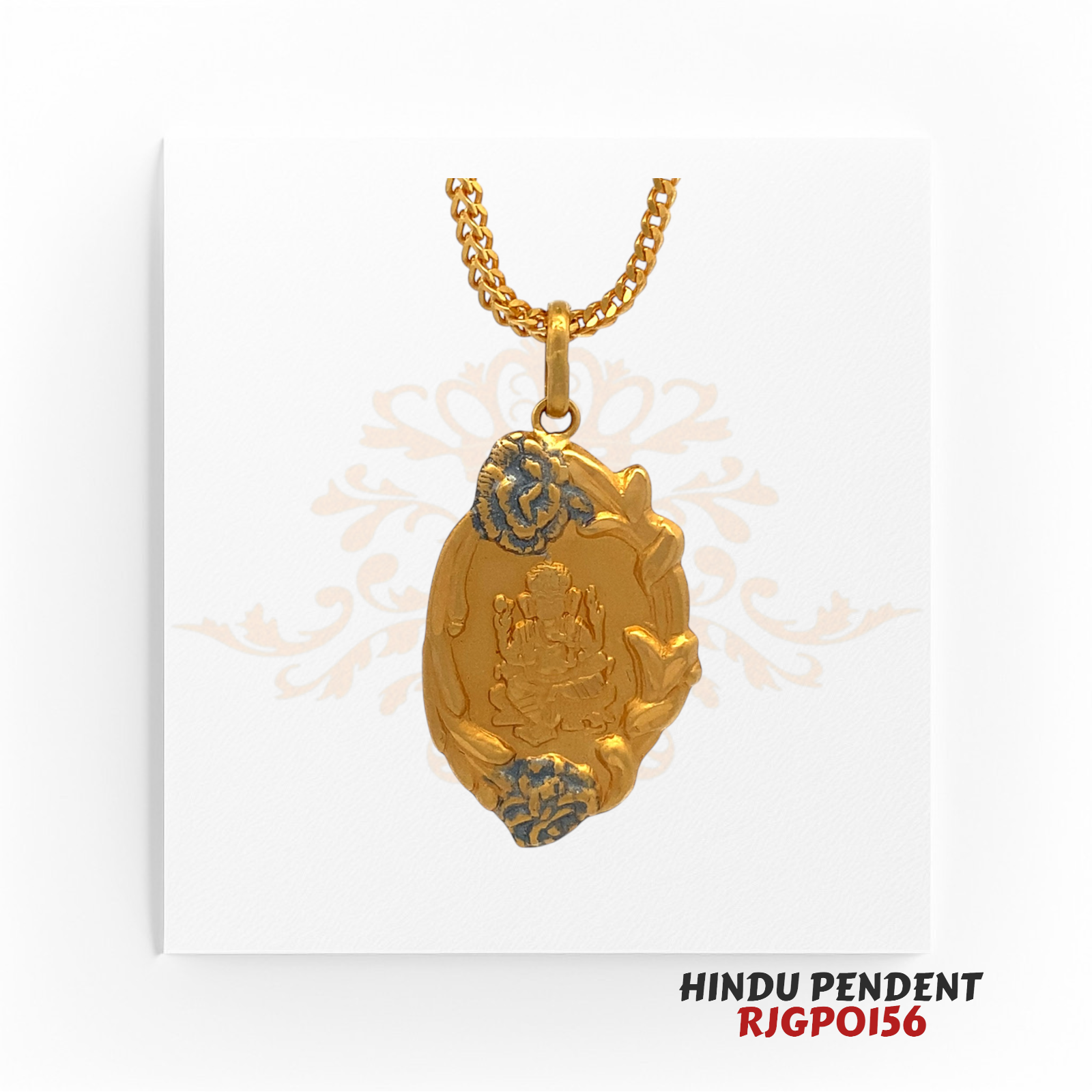 22kt Gold Hindu Pendant RJGPO156 – A 2.4-gram, 1.25-inch Ganesha pendant with floral frame and blue enamel details, available at Regal Jewels.