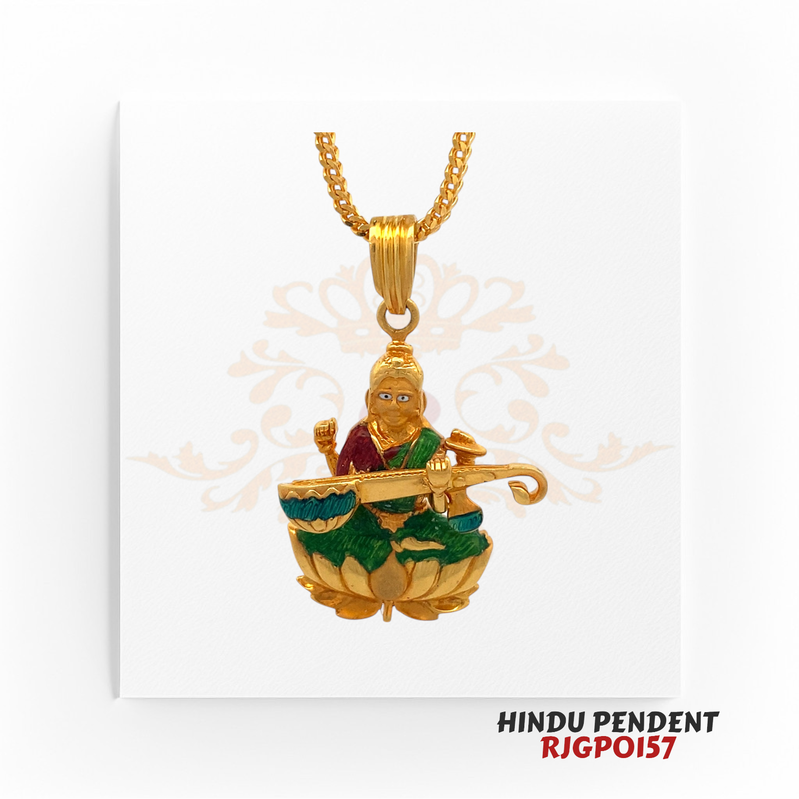 22kt Gold Hindu Pendant RJGPO157 – A finely crafted 22kt yellow gold pendant featuring Goddess Saraswati seated on a lotus, playing the veena, with colorful enamel detailing. Weighs 8.40 grams, measuring 1.25 inches in length and 1 inch in width. Perfect for students, scholars, musicians, or as a sacred gift. Available at Regal Jewels.