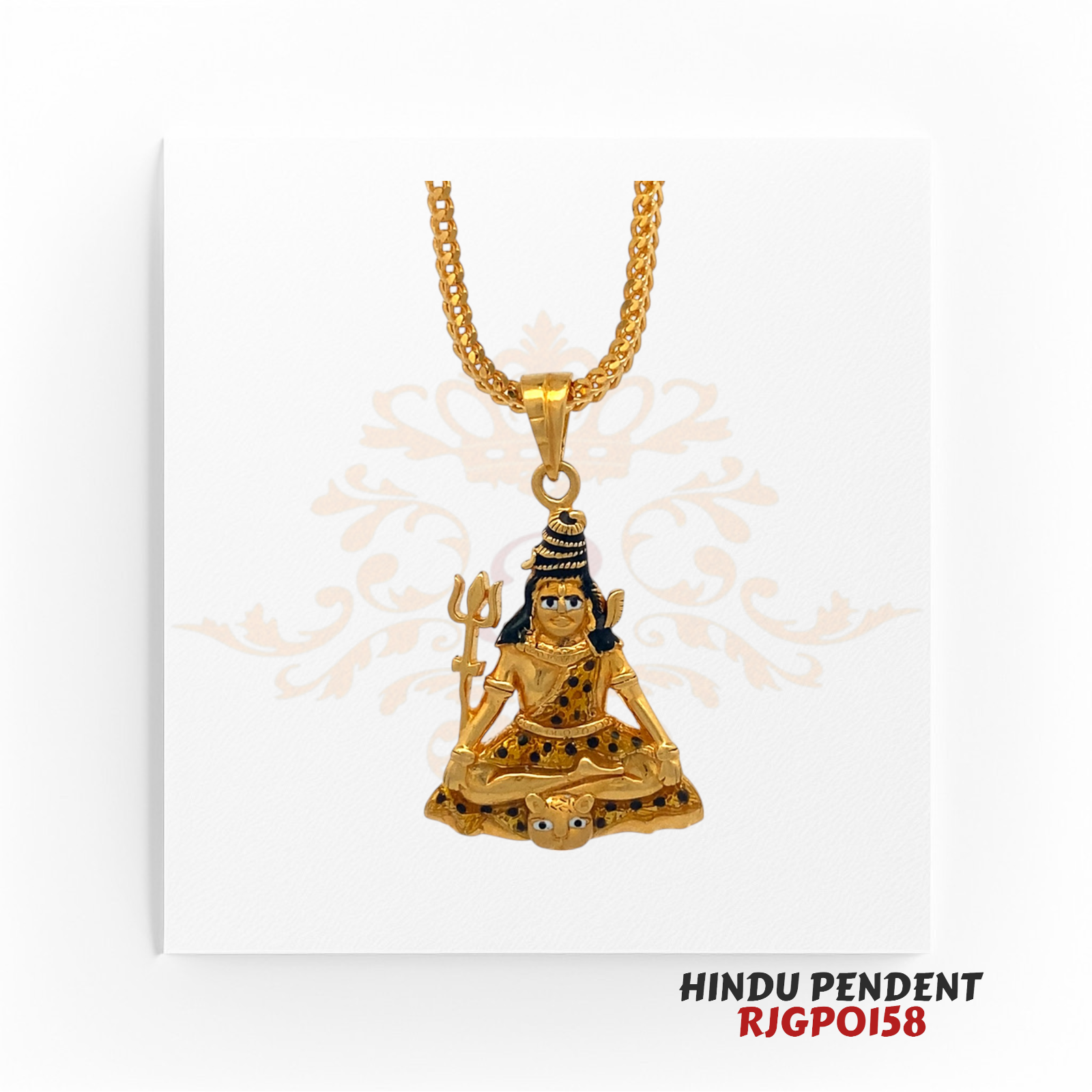 22kt Gold Hindu Pendant RJGPO158 – A finely crafted 22kt yellow gold pendant featuring Lord Shiva seated in a meditative pose on a tiger skin, holding a Trishul. Enhanced with hand-painted details for a divine and artistic look. Weighs 7.00 grams, measuring 1 inch in length and 0.75 inches in width. Perfect for religious devotion, spiritual protection, or as a sacred gift. Available at Regal Jewels.