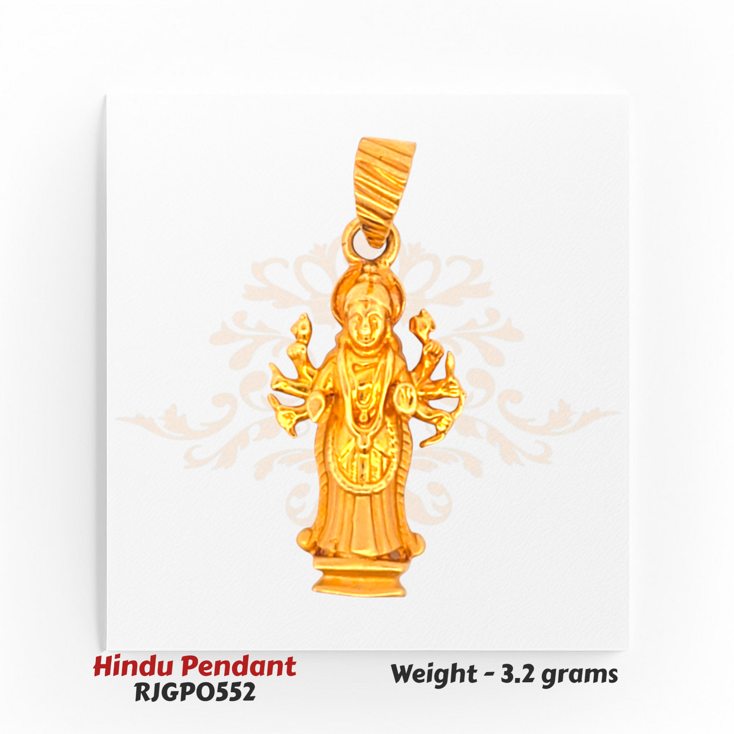 22kt Gold Hindu Pendant RJGP0552 – intricately carved Goddess Lakshmi design with multiple arms, 3.2 grams – traditional gold deity pendant by Regal Jewels Chicago.