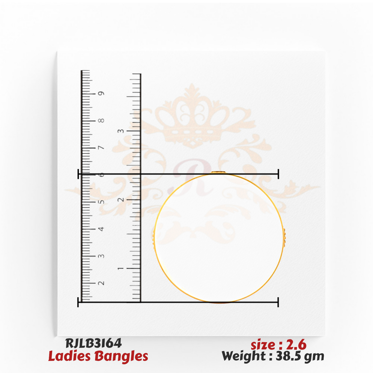 Top view of a gold ladies bangle with a smooth, polished finish, displayed with a ruler for accurate sizing. Model RJLB3164.