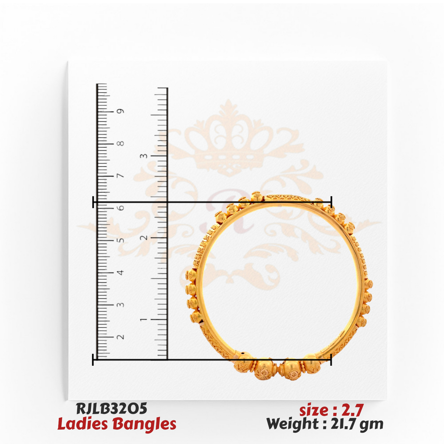 Top view of a gold ladies bangle with intricate textured detailing and evenly spaced spherical bead accents along the outer edge, displayed with a ruler for precise sizing. Model RJLB3205.