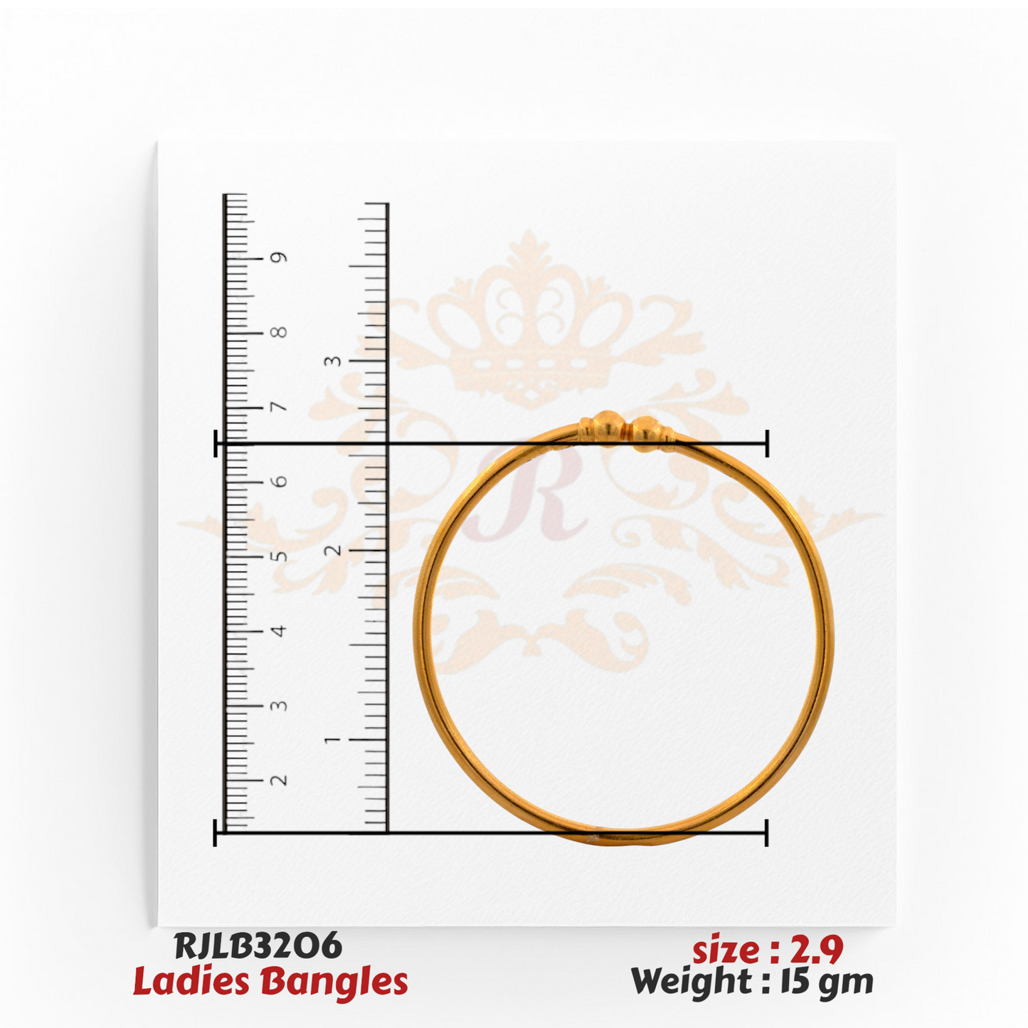 Top view of a plain gold ladies bangle featuring a minimal design with a small raised decorative element, displayed with a ruler for precise size reference. Model RJLB3206.