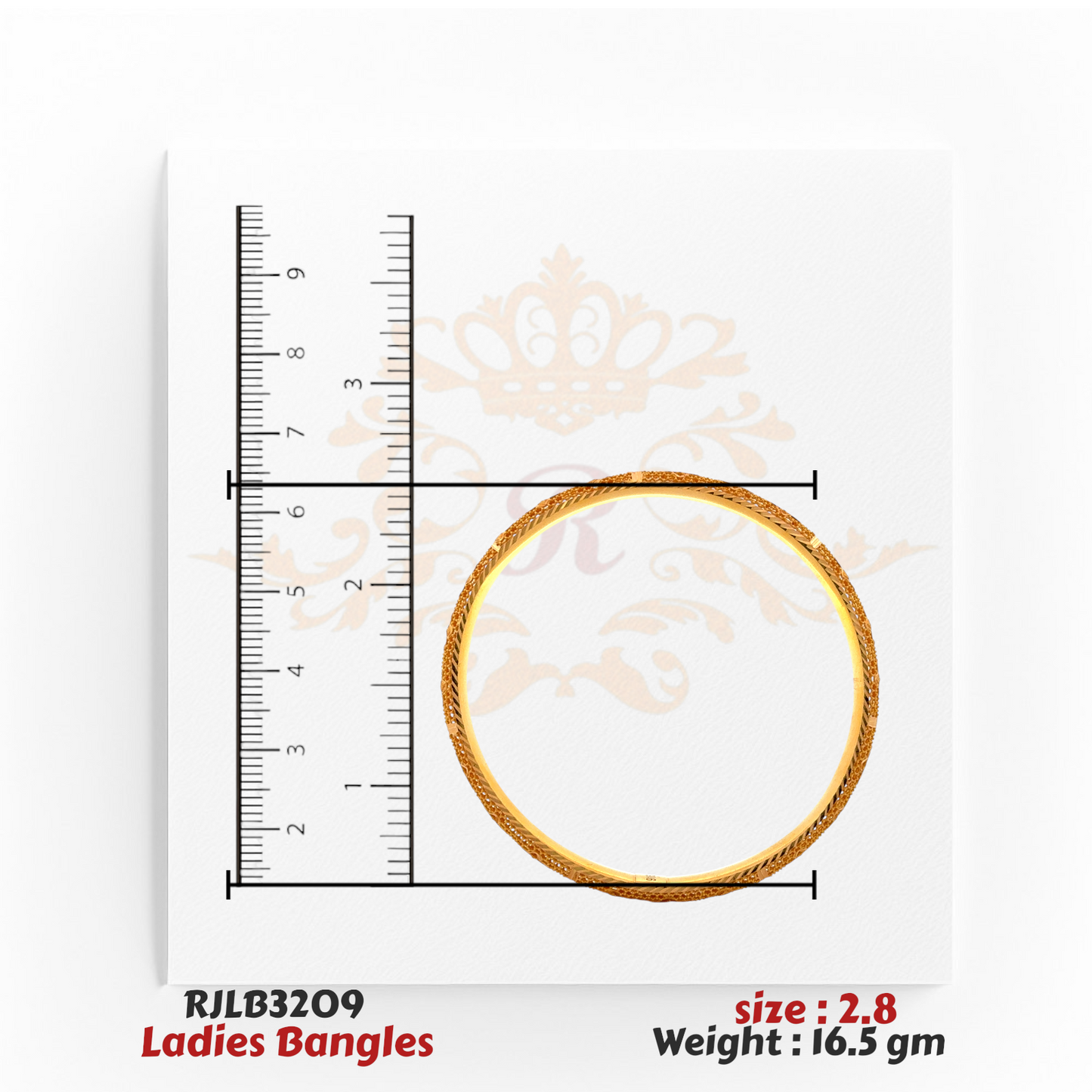 Top view of a gold ladies bangle featuring a twisted rope-like engraved pattern along the band, displayed with a ruler for precise size reference. Model RJLB3209.