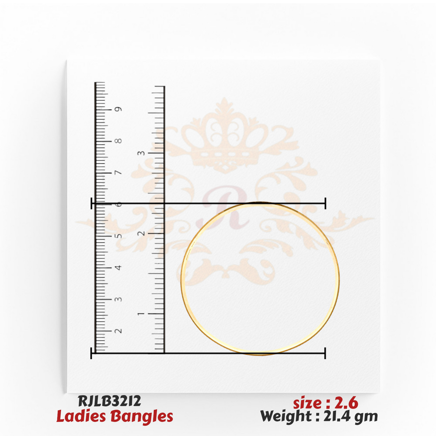 Top view of a sleek, plain gold ladies bangle with a smooth, polished surface, displayed alongside a ruler for precise measurement. Model RJLB3212.