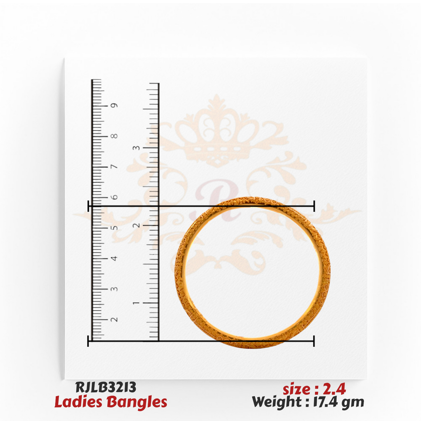 Top view of a gold ladies bangle featuring a fine textured pattern along the band, displayed with a ruler for accurate measurement. Model RJLB3213.