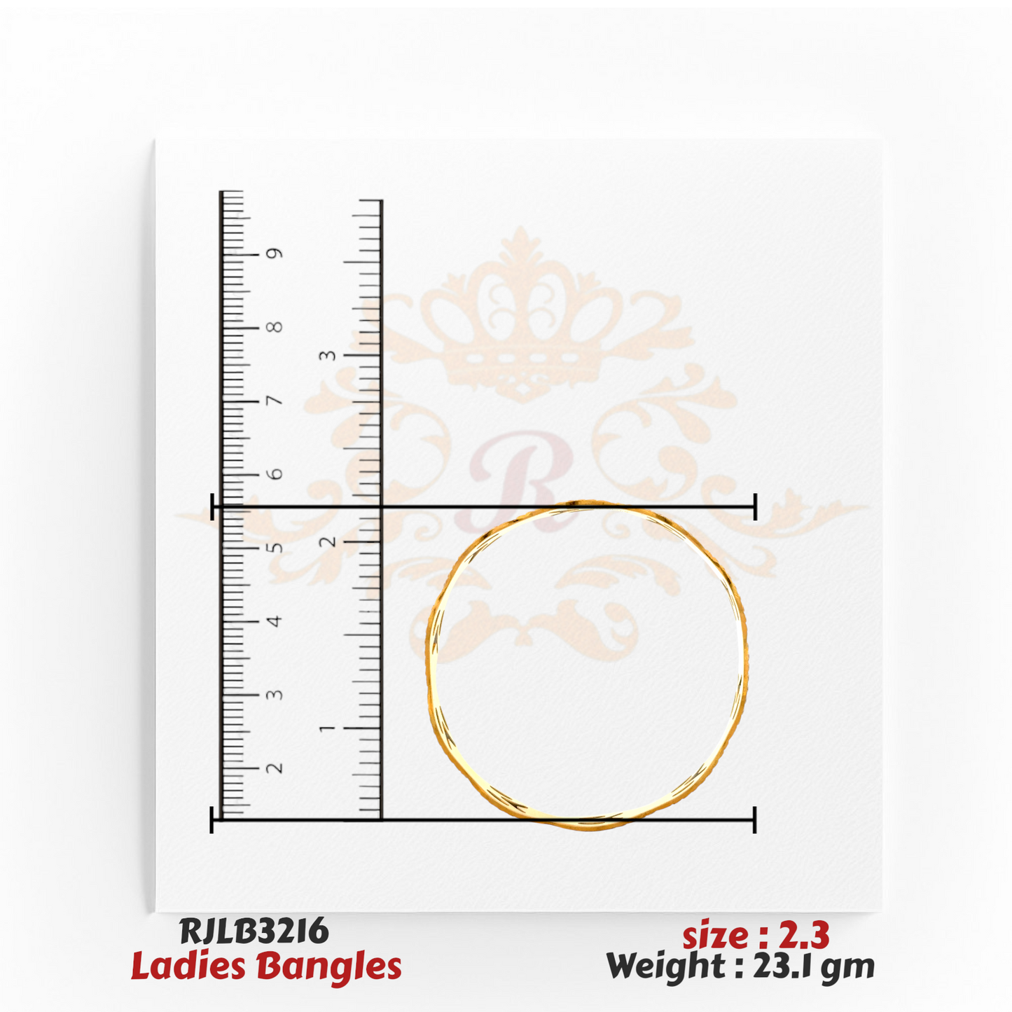 Top view of a delicate gold ladies bangle with a subtle twisted pattern along its circumference, shown with a ruler for accurate sizing. Model RJLB3216.