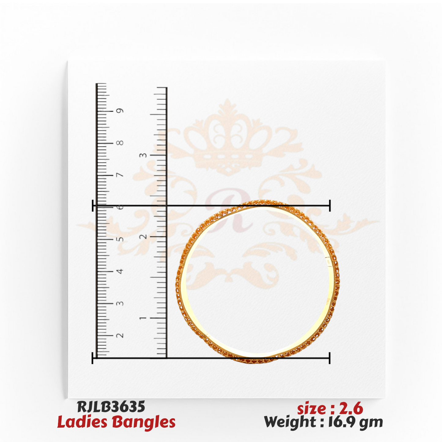 Top view of a gold ladies bangle with intricate beaded detailing along the edges, adding a textured and elegant touch, displayed with a ruler for precise measurement. Model RJLB3635.