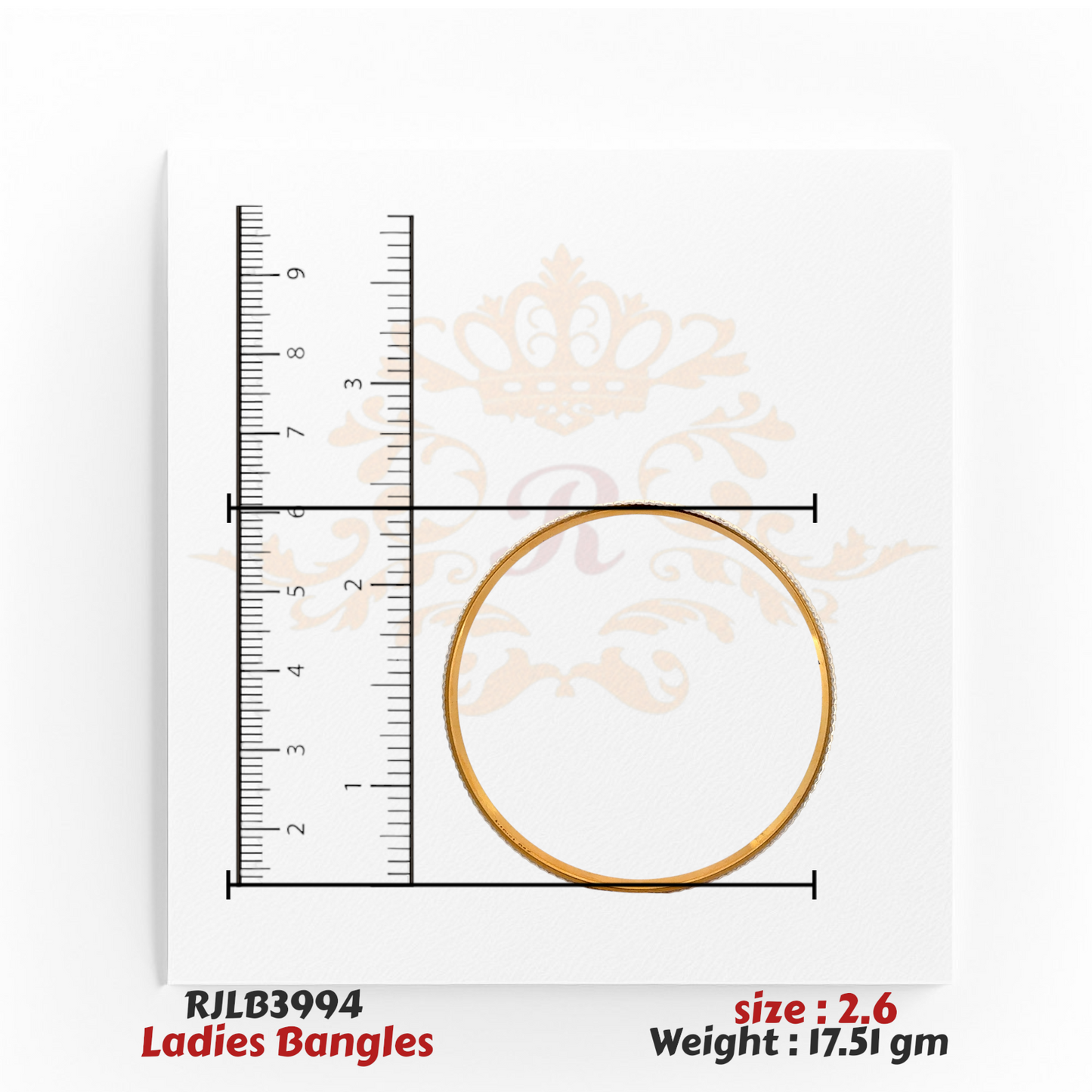 Top view of a simple and sleek gold ladies bangle with a smooth, polished finish, displayed with a ruler for accurate size reference. Model RJLB3994