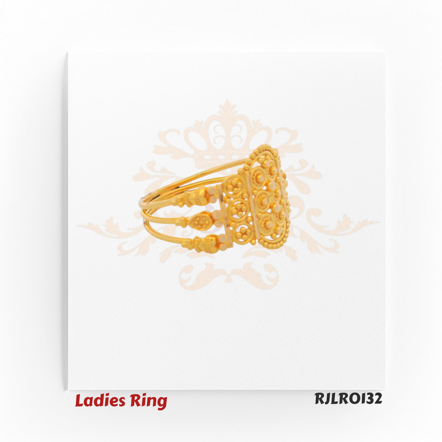 Side view of a detailed 22kt gold ladies ring with a multi-band shank and elevated oval floral filigree centerpiece. Model RJLRO132.