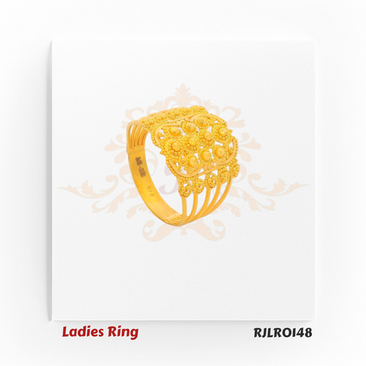 Wide gold ladies ring adorned with tiered floral dome clusters and intricate handcrafted accents, blending bold design with refined elegance. Model RJLR0148.