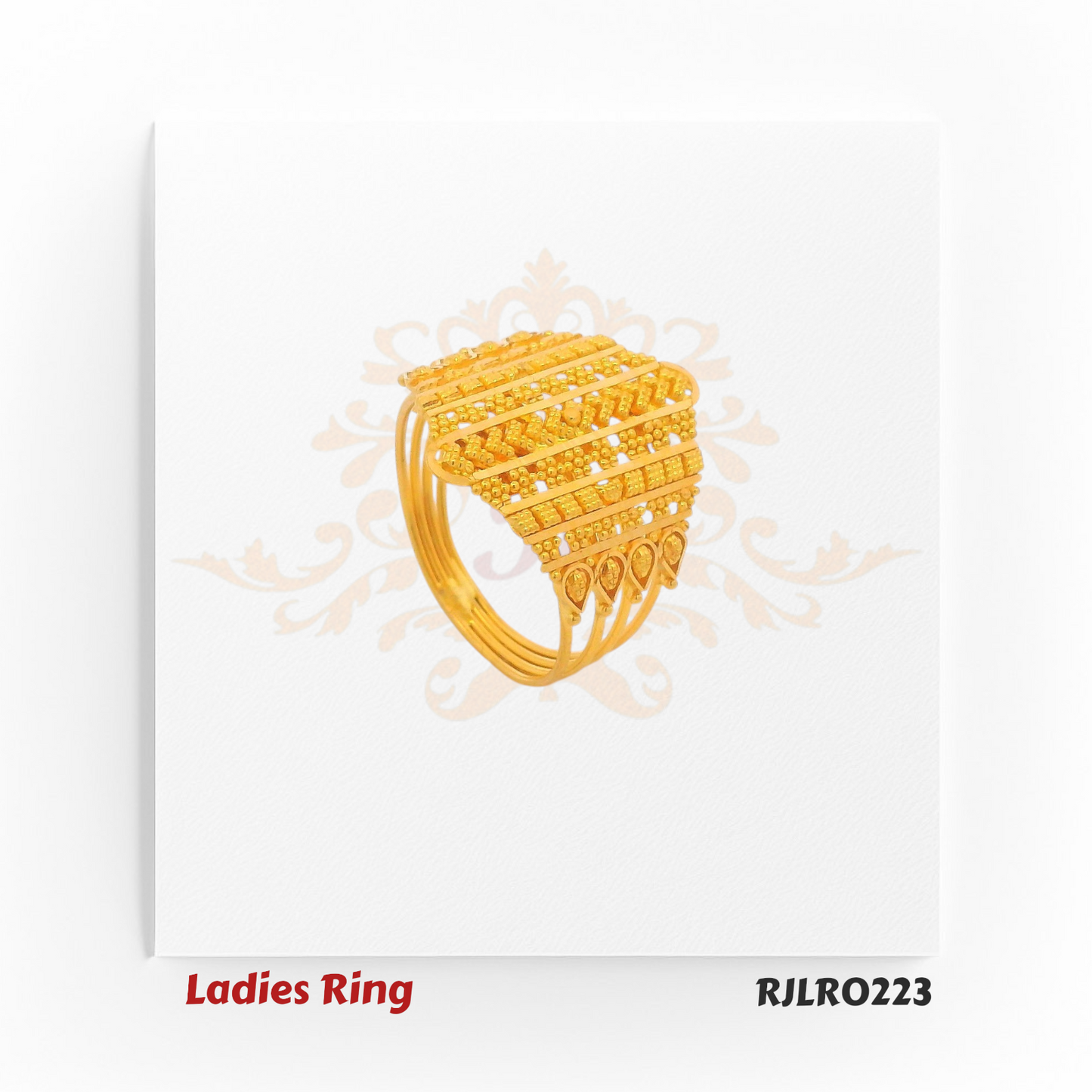 Gold ladies ring in a hexagonal shape, adorned with balanced vertical patterns and detailed border work, showcasing the finesse of Indian artistry. Model RJLR0223.