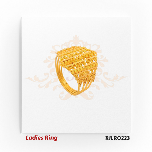 Gold ladies ring in a hexagonal shape, adorned with balanced vertical patterns and detailed border work, showcasing the finesse of Indian artistry. Model RJLR0223.