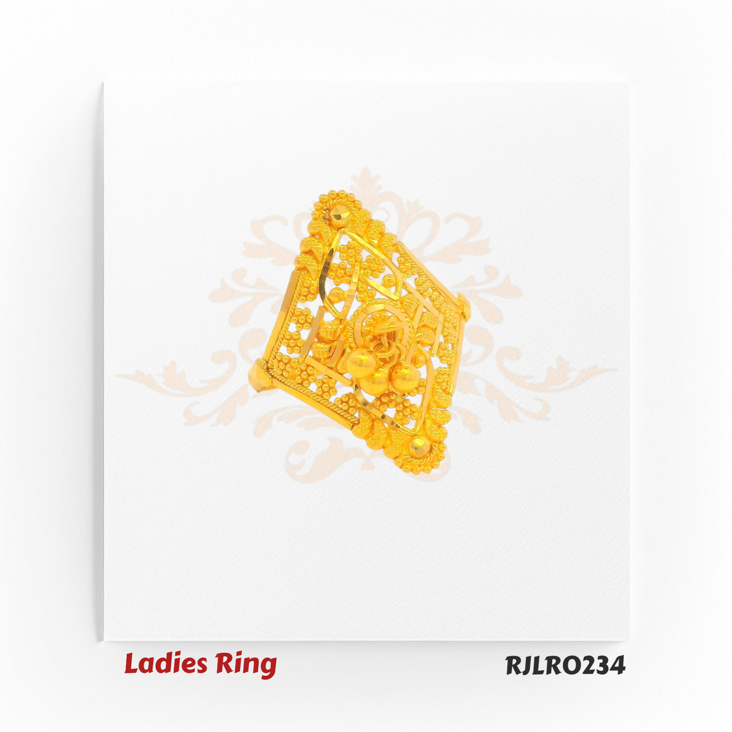 Gold ladies ring in a bold square design, adorned with delicate lattice-style cutwork, tiny hanging gold balls, and textured raised borders for an ornate celebration-ready look. Model RJLR0234.