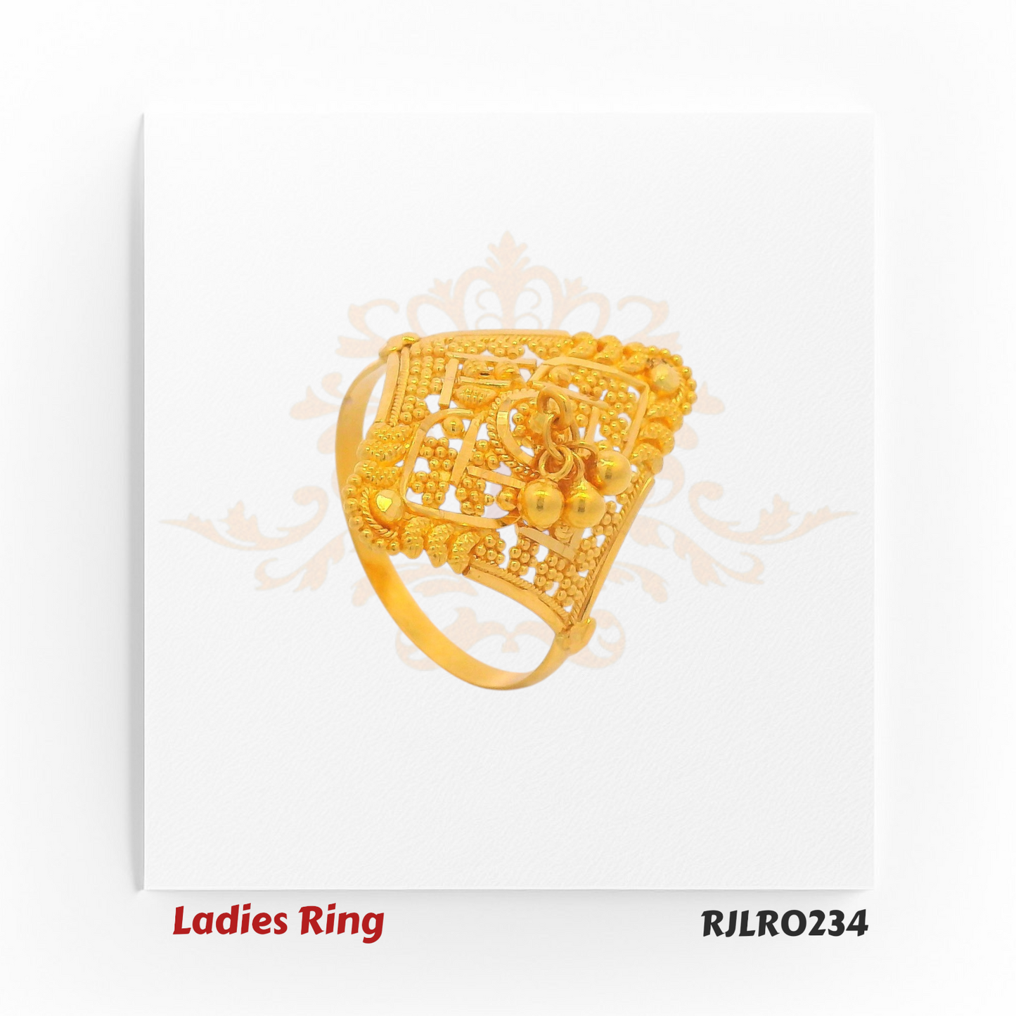 Artistic square ladies ring in gold with openwork lattice, hanging golden balls, and raised detailing along the edges for a festive look. RJLR0234