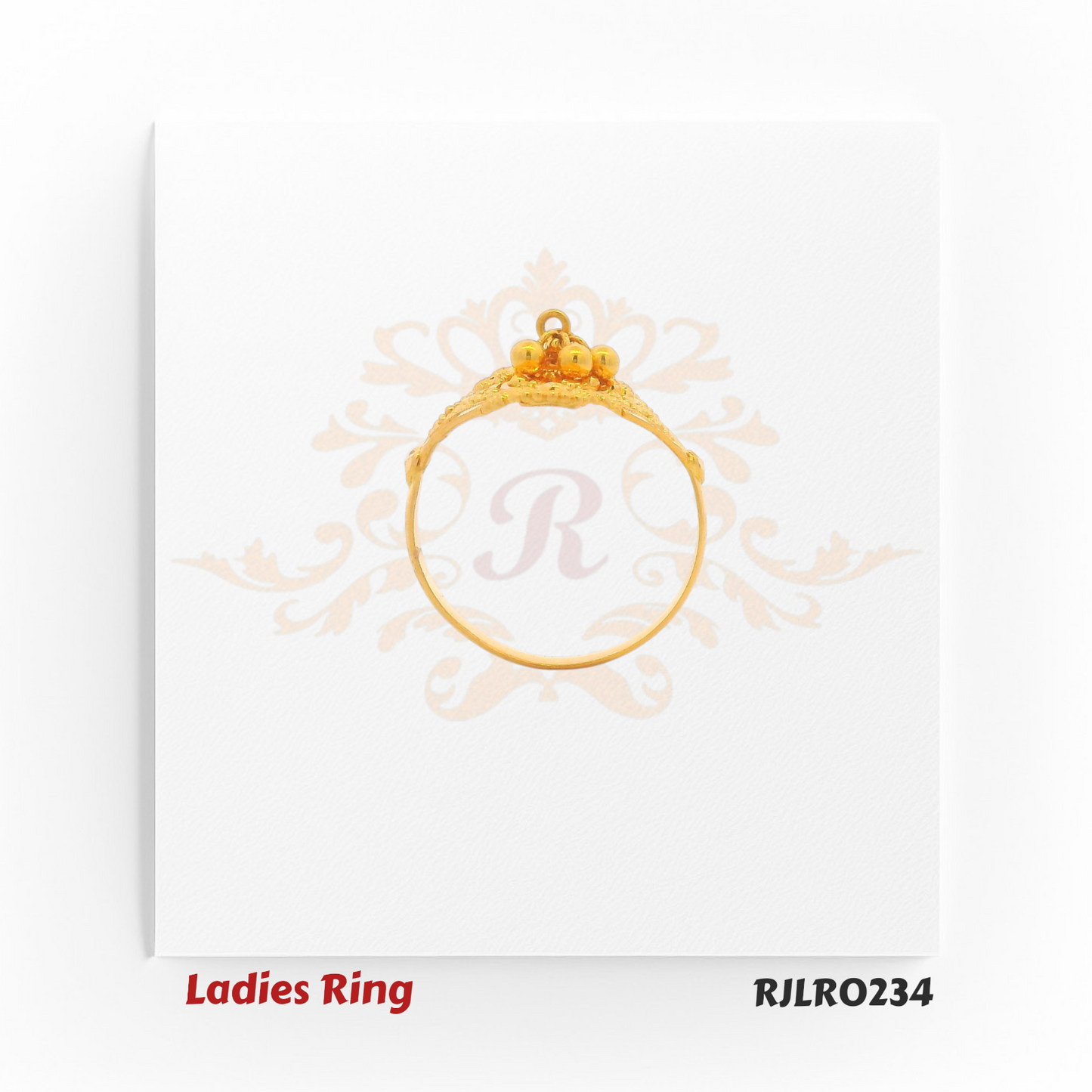 Square-shaped gold ladies ring featuring intricate open latticework, playful dangling golden balls, and raised edge detailing for a vibrant festive appeal. Model RJLR0234.