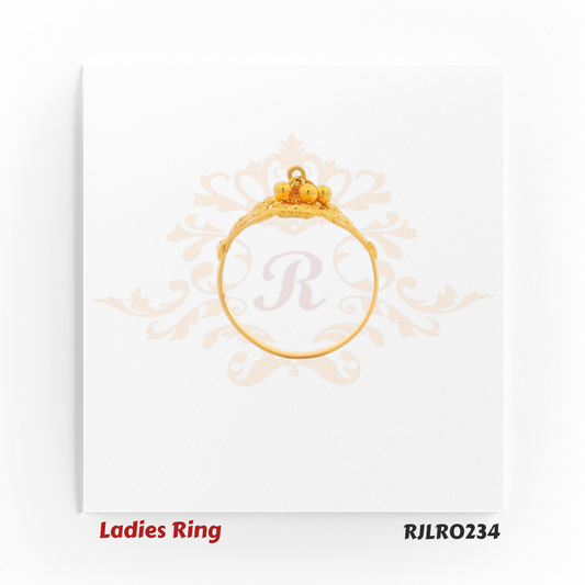 Square-shaped gold ladies ring featuring intricate open latticework, playful dangling golden balls, and raised edge detailing for a vibrant festive appeal. Model RJLR0234.