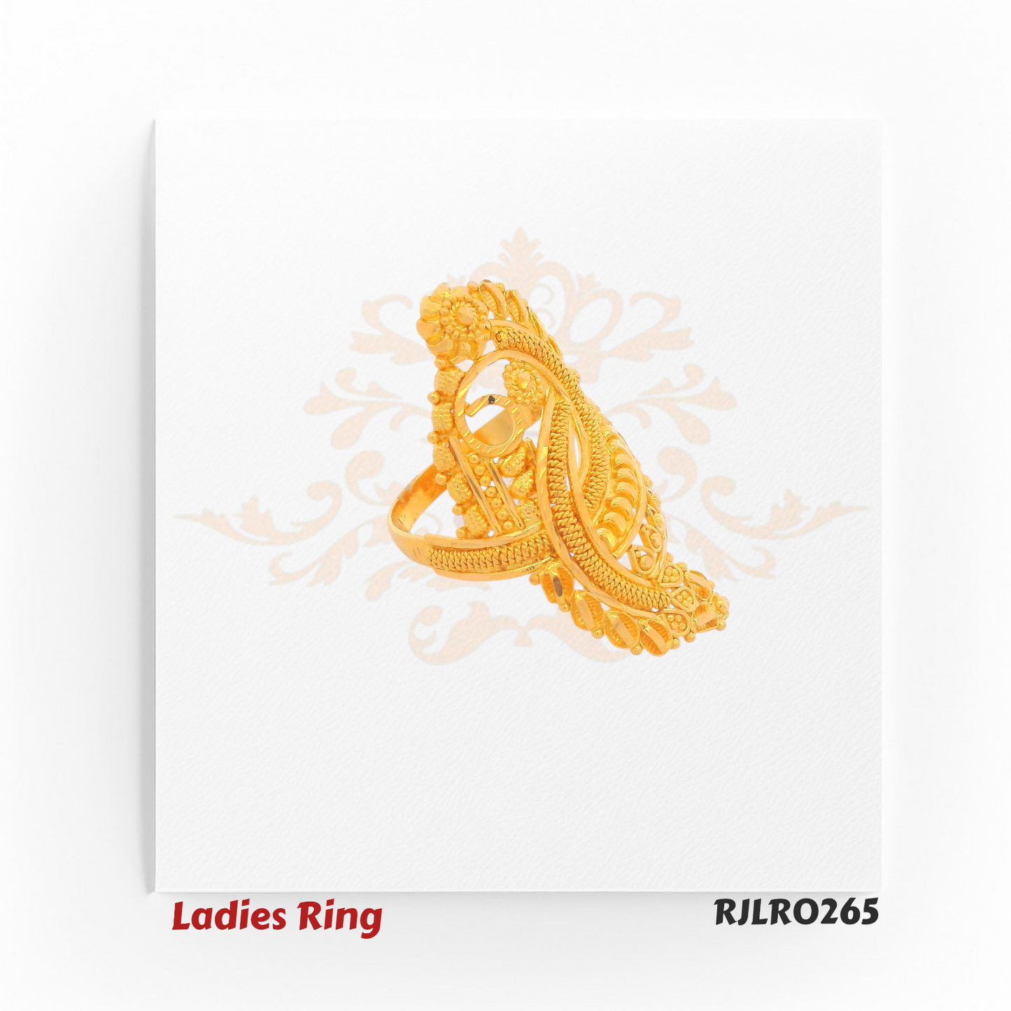 Paisley-inspired gold ladies ring with intricate beadwork, floral accents, and graceful curves, offering a regal and traditional charm. RJLR0265