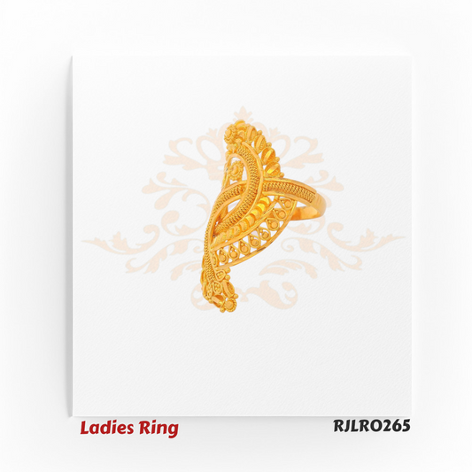 Intricately designed paisley-shaped gold ladies ring with twisted borders, floral motifs, and openwork craftsmanship. RJLR0265