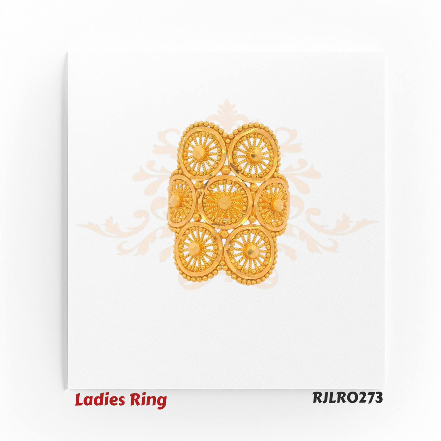 RJLRO273 – Front view of a wide gold ladies ring with six ornate circular filigree patterns.