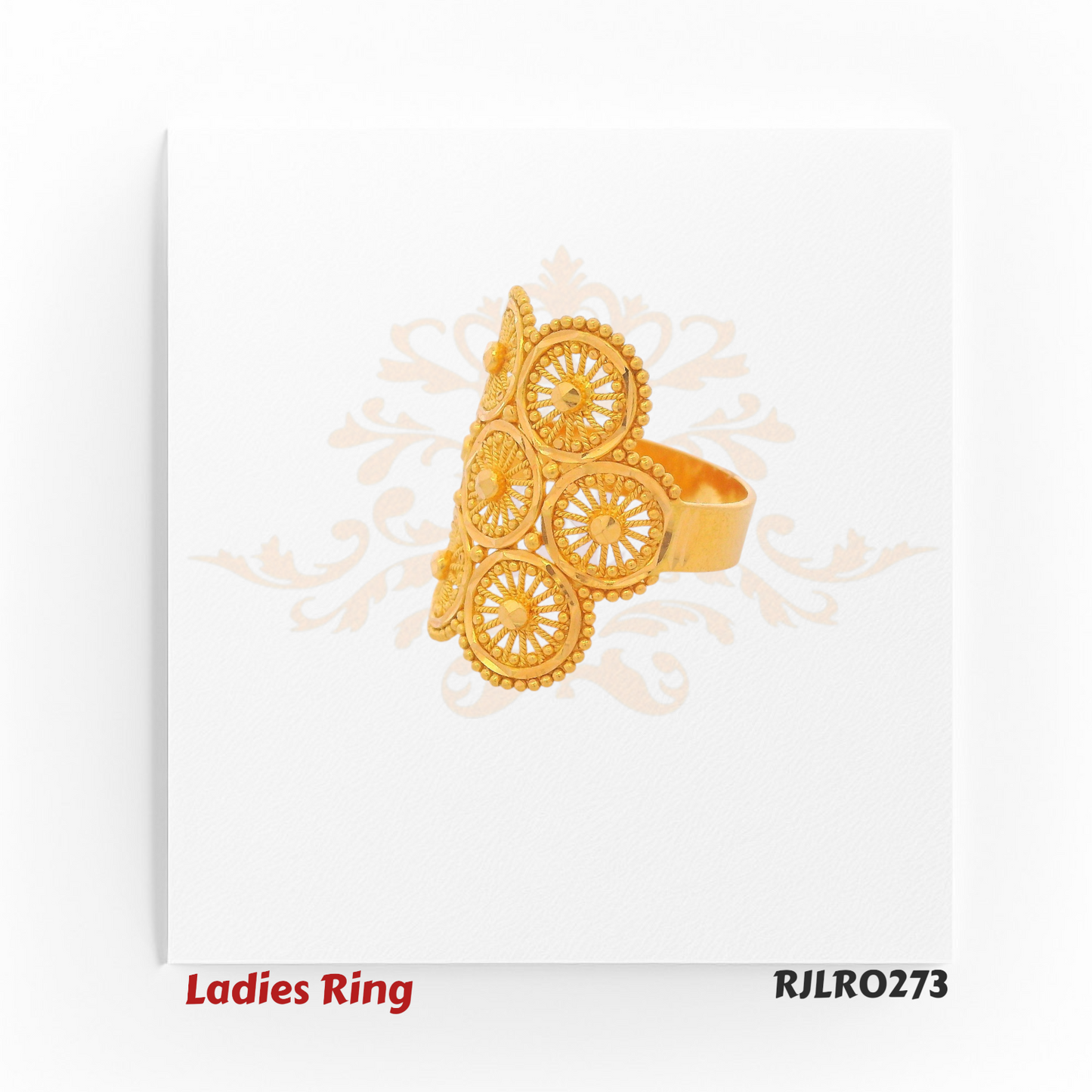 Gold ladies ring featuring six circular floral-inspired motifs with intricate bead detailing, creating a bold and ornate statement piece. RJLR0273
