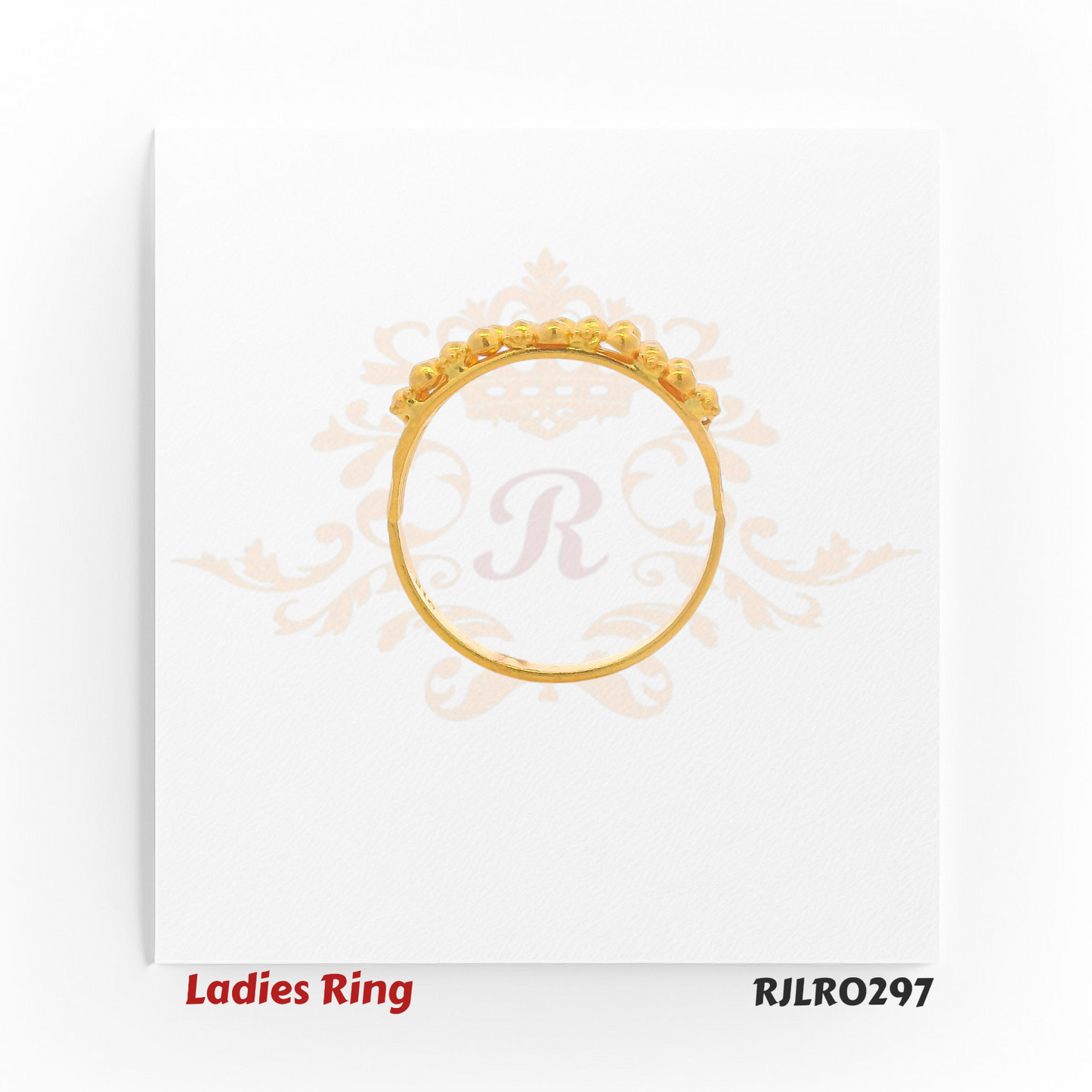 Broad gold ladies ring with a band-style design, adorned with alternating raised beadwork and floral motifs arranged in a balanced, layered pattern. Model RJLR0297.