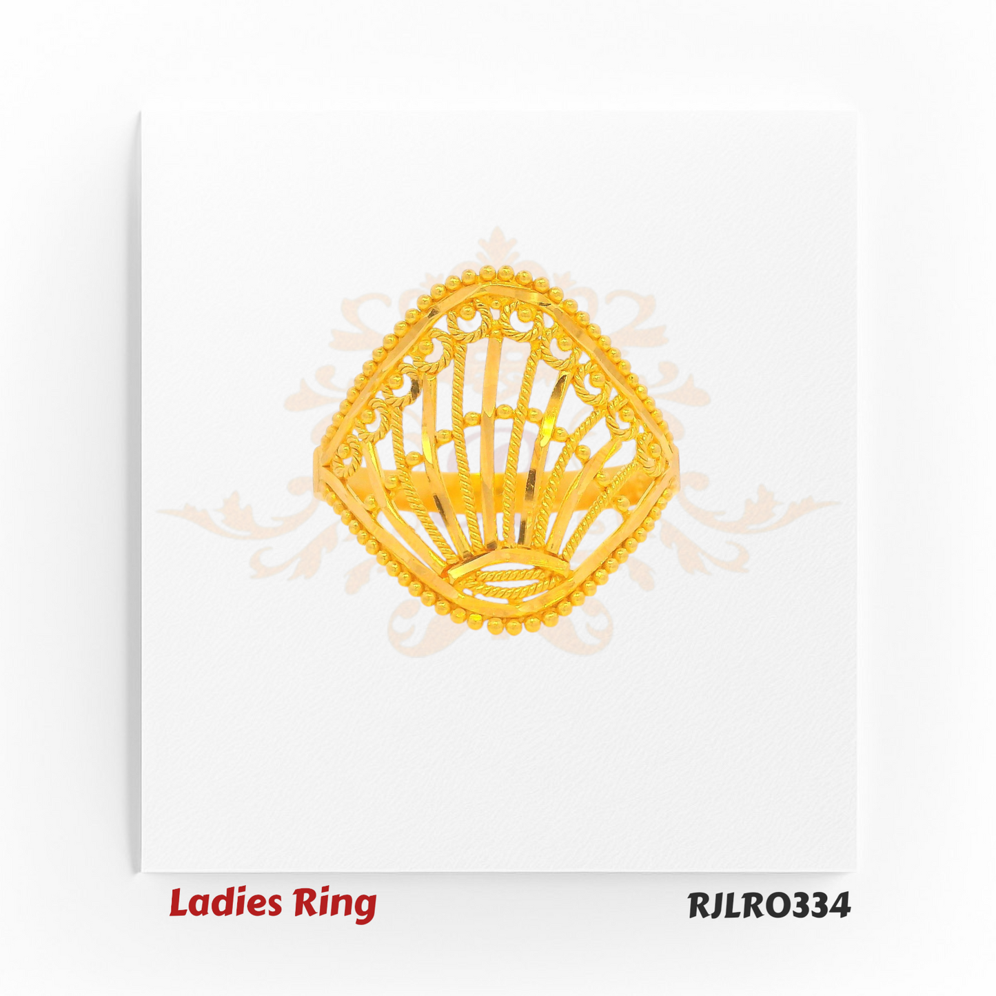 Elegant gold ladies ring with a shell-shaped silhouette, showcasing intricate fan-like cutwork framed by delicate beading, perfect for making a bold style statement. Model RJLR0334
