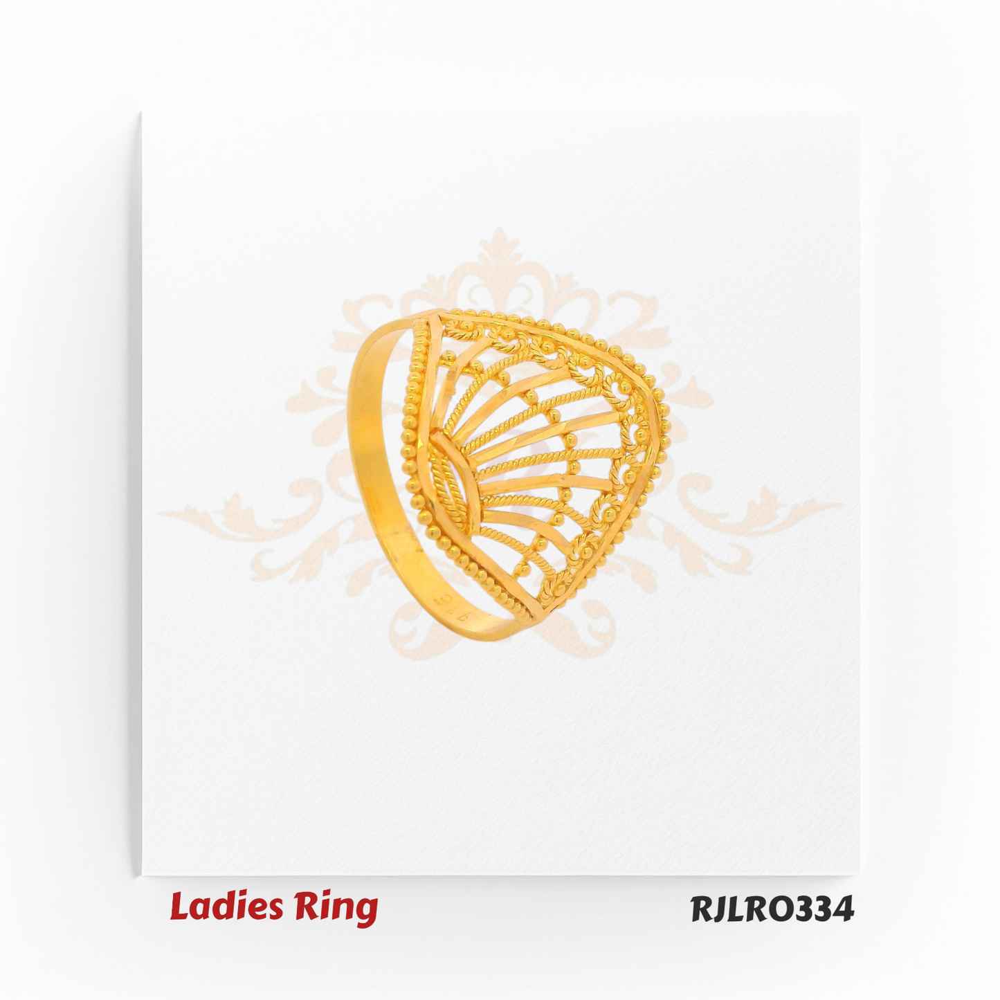 Gold ladies statement ring in a shell-inspired shape, featuring detailed fan-style openwork and a beaded border for a distinctive, eye-catching look. Model RJLR0334.