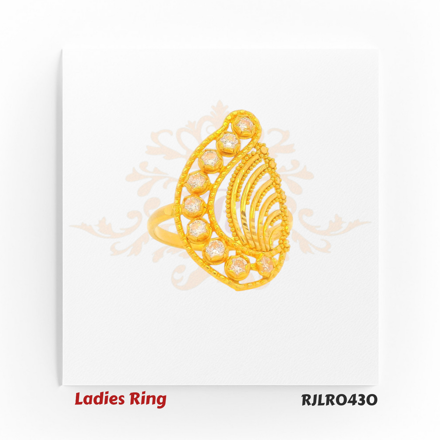 Elegant ladies gold ring, model RJLR0430, featuring a teardrop-shaped design with intricate openwork and a row of sparkling round embellishments along the outer curve, set against a white background with a faint floral pattern.