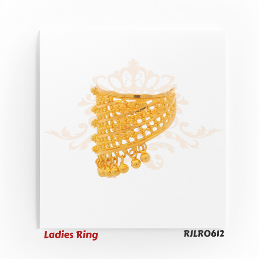 Elegant gold ladies ring RJLR0612 with diagonal lattice pattern and hanging bead accents – side view.
