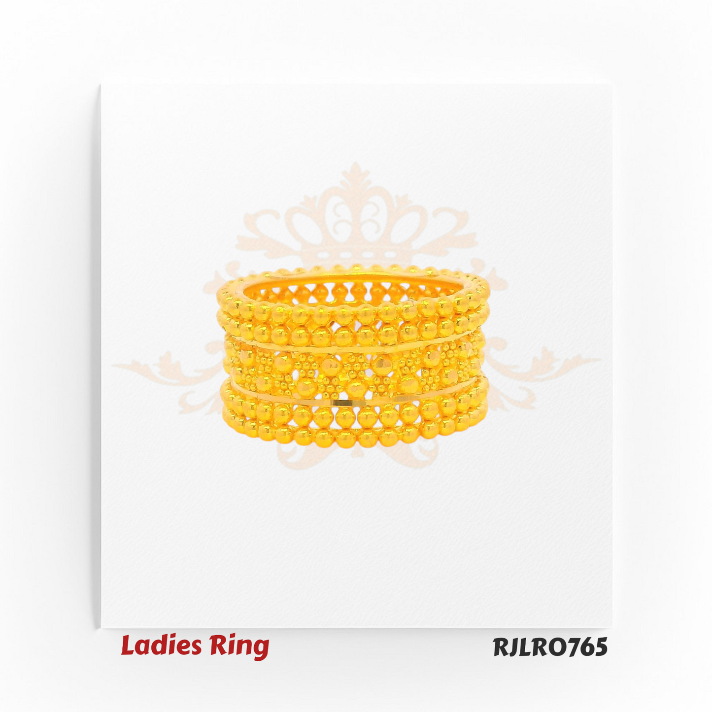 Bold ladies gold ring featuring a wide band with three sleek rows of polished golden beads separated by open spaces, offering a striking layered look. Model RJLR0765.