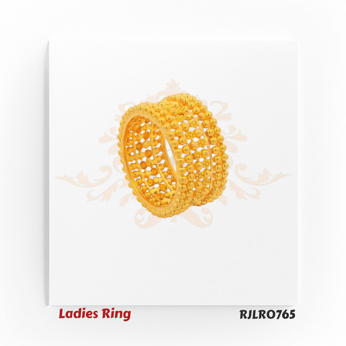 Bold ladies gold ring featuring a wide band with three sleek rows of polished golden beads separated by open spaces, offering a striking layered look. Model RJLR0765.